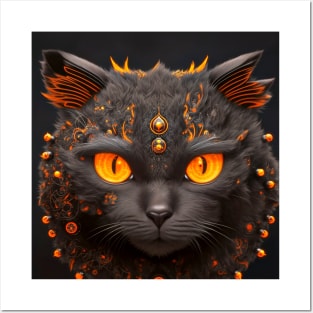 Spooky Eyed Robotic Black Cat Head Posters and Art